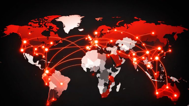 赤い線を用いた現代の世界的な仮想通貨ネットワーク地図